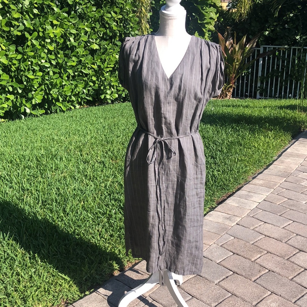 120% LINO MADE IN ITALY 🇮🇹 GRAY STRIPED LINEN VNECK TUNIC DRESS TIE BELT NWT